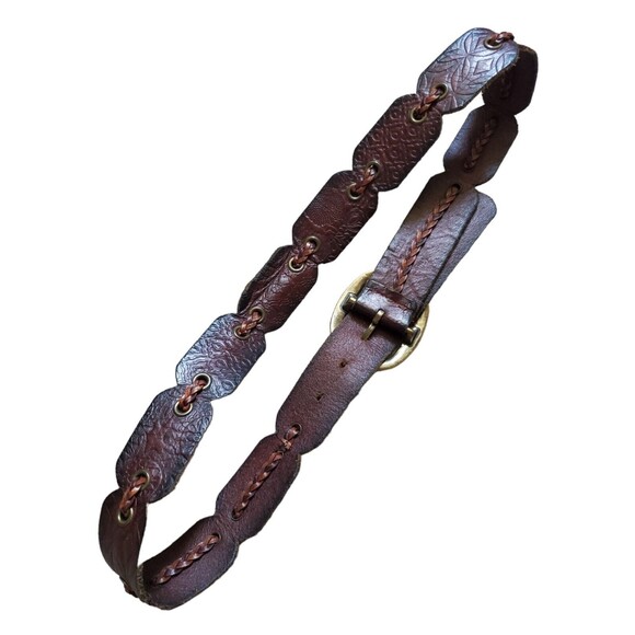 VTG Belt Braided Linked Leather Hippy Boho Hand Tooled Flowers Brass Buckle 37” - Picture 2 of 6
